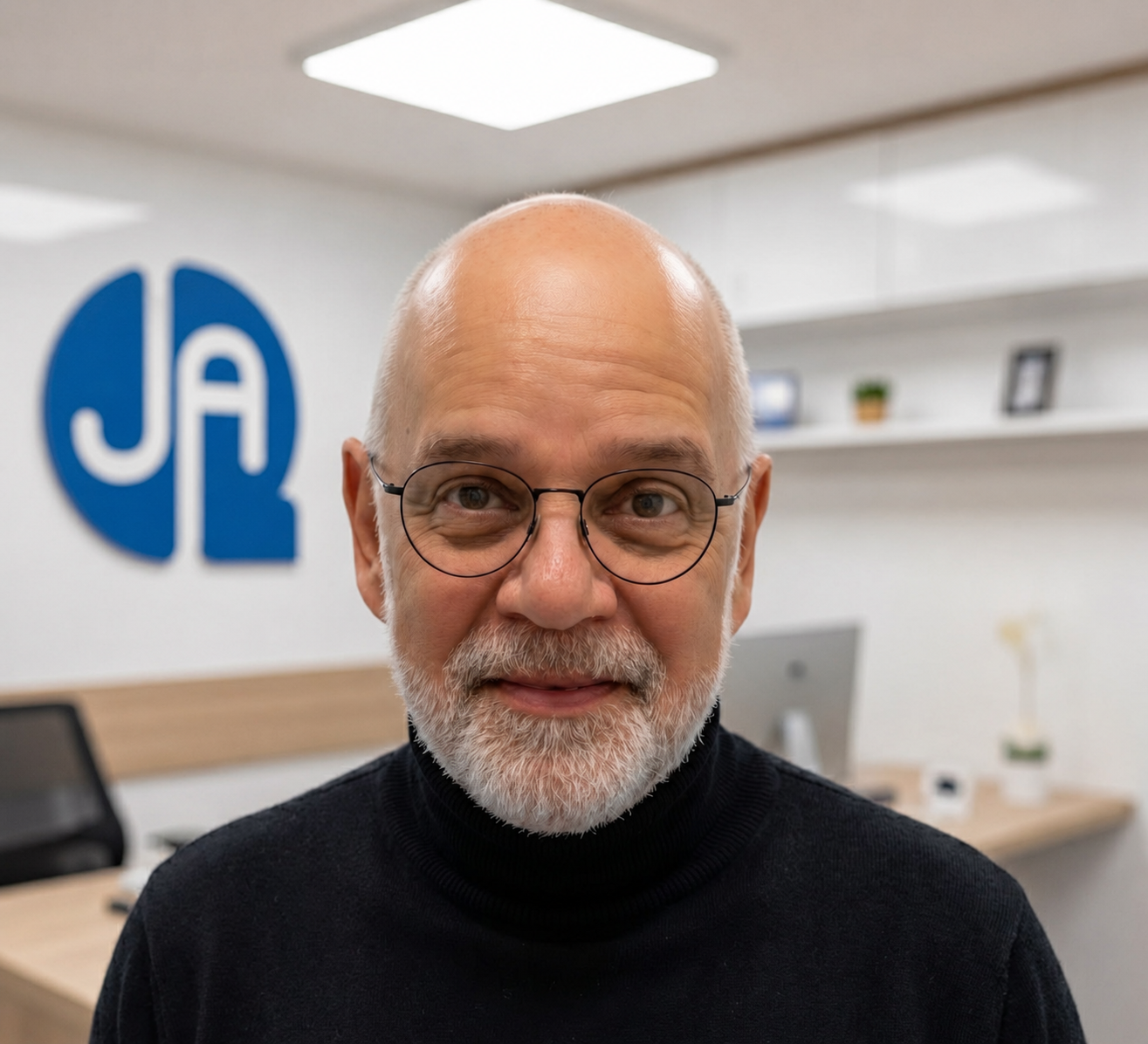 Jóis Alaby em escritório executivo com o logotipo JA ao fundo.