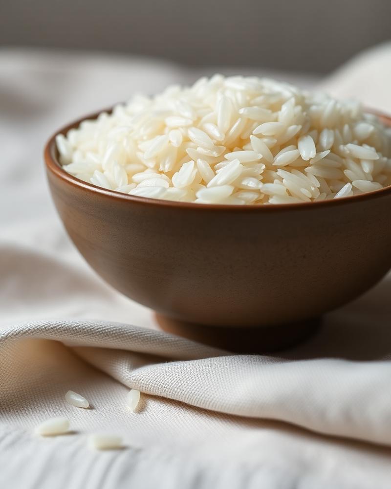 Arroz de grão longo em tigela de cerâmica.