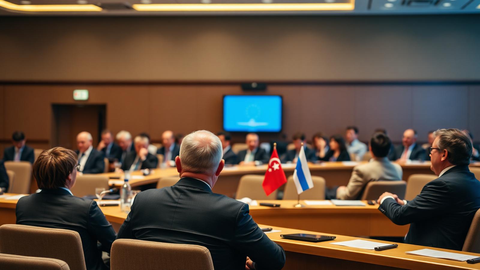 Reunião institucional internacional com representantes de diferentes países em sala de conferências.